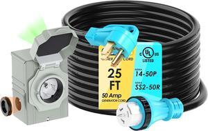 50 Amp 25FT Generator Cord and Power Inlet Box Combo Kit NEMA 14-50P Male to SS2-50R STW 6/3+8/1 AWG 125/250V Twist Locking with Inlet Box for Generator to House, UL Listed