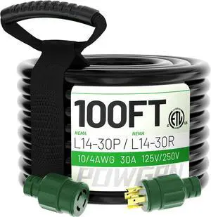 100Feet 30 Amp Generator Extension Cord 4 Prong,Heavy Duty NEMA L14-30P/L14-30R,125/250V 7500W,Black 10 Gauge SJTW Twist Locking Generator to House Power Cords,100ft Generator Accessories