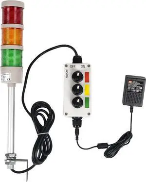3 Stack Super Bright LED Andon Tower Lights, Off-ON,16 ft Extension Cord, 6 ft Industrial Adapter, Plug Play Ready