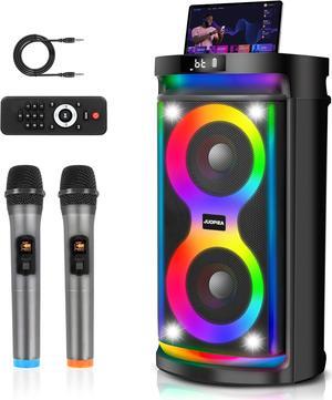 Machine for Adults with Dual 6.5-Inch Subwoofers and 2 Wireless Microphones, Portable Bluetooth Karaoke Speaker with Bass/Treble Adjustment, LED Lights, Supports TWS/USB/TF/REC/FM/AUX