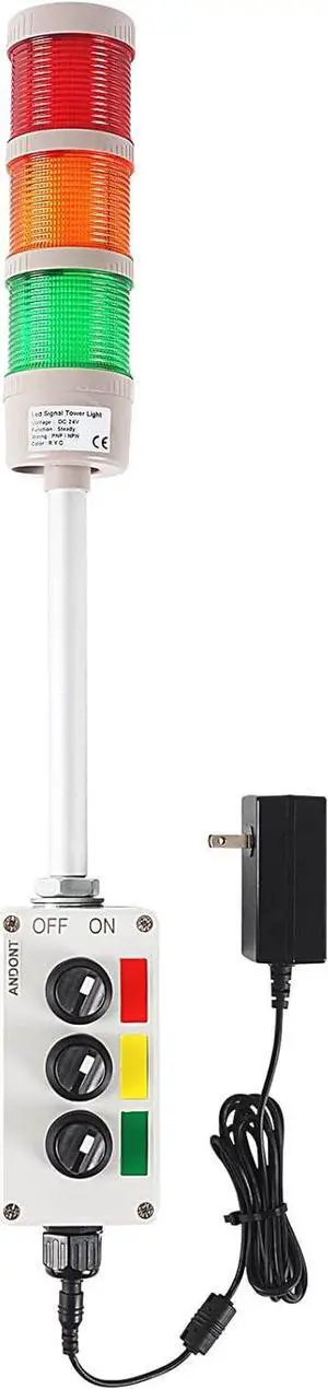 3 Stack Super Bright LED Andon Tower Lights with Buzzer, Off-ON or Flash, 6 ft Industrial Adapter, Plug Play Ready