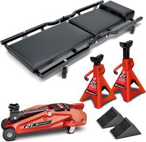 6 Piece Car Jack and Garage Creeper Service Set, 2 Ton Vehicle Lift, Jackstands, Folding Creeper, Wheel Chocks, Car Repair Garage Equipment - 640816, Large, Red