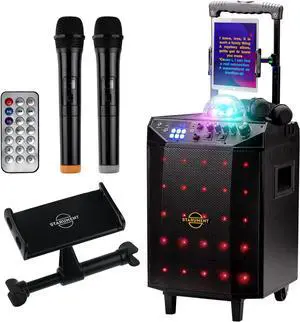 Portable Karaoke Machine for Adults & Kids Complete Karaoke System Includes Bluetooth Speakers on Wheels, 2 Bluetooth Microphones, Disco Ball, LED Speaker Light, Cell Phone Stand & USB Aux