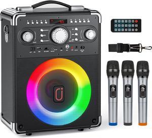 Machine with 3 Wireless Microphones, Bluetooth Karaoke Speaker with 3 Mics for Adults/Kids, Portable PA System for Home Party with DJ Lights & Remote Contro, Support TWS/USB/TF Card/AUX/REC