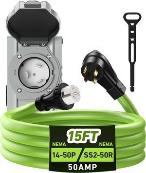 50 Amp Generator Cord and Power Inlet Box, 15 Feet RV Extension Cord, NEMA 14-50P/SS2-50R Twist Lock Connector,125/250V 12500W Generator Cable, 10 Gauge SJTW Generator to House Power Cord, ETL Listed