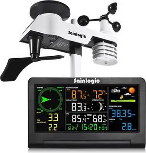 Weather Station Wireless Indoor Outdoor with Color Display, Weather Station with Rain Gauge and Wind Speed/Direction, Temperature, Humidity, Air Pressure, Forecast, Moon Phase, and Alarm