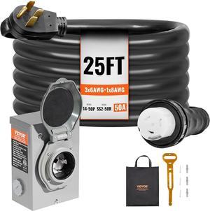 50 Amp Generator Cord and Power Inlet Box Kit, 25FT Generator Extension Cord NEMA 14-50P/SS2-50R STW 6/3+8/1 AWG with Twist Lock Connector, Pre-Drilled Inlet Box, ETL Listed
