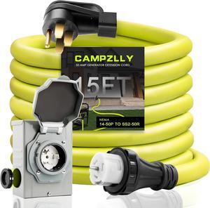 50 Amp Generator Cord 15FT and Power Inlet Box, NEMA 14-50P Male to SS2-50R 125/250V Twist Lock Connector with Pre-Drilled NEMA SS2-50P Generator Inlet Box for Generator to House, ETL Listed