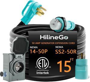 50 Amp Generator Cord 15FT and Power Inlet Box, 125V/250V RV Power Cord, NEMA 14-50P/SS2-50R Twist Lock Connector, NEMA SS2-50P Generator Inlet Box, 30M/50F Adapter Included, ETL Listed