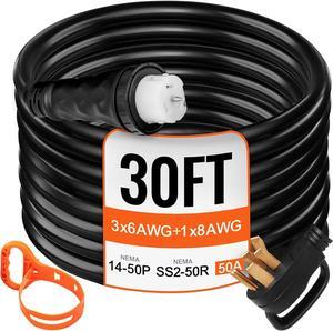 30 FT 50 Amp Generator Extension Cord NEMA 14-50P & SS2-50R & CS6364, STW 45446 + 45505 125V 250V Generator Power Cord Twist Lock Connectors