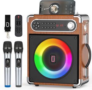 Karaoke Machine with Two Wireless Microphones, Portable Bluetooth Speaker with Bass/Treble Adjustment, PA System with Remote Control, LED Lights,Supports TF Card/USB, AUX IN, FM, REC,TWS for Party