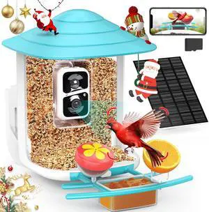 TUC- Smart Bird Feeder with Camera+Solar Panel 32GB Card 4-in-1 Perch, 160°View 1080P Auto Detect & Notify, AI Identify 10000+ Bird Watching Camera Wireless Outdoor for Bird Lover