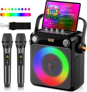 Portable Bluetooth Speaker with 2 Wireless Microphones for Adults & Kids, Karaoke Microphone with PA System, Bass/Treble Adjustment, DJ Light for Home Party, Support USB/TF/AUX