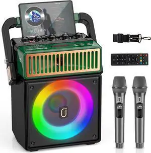 Karaoke Machine with 2 Wireless Mics, Retro Bluetooth Speaker for Adults, PA Speaker System with Colorful LED Lights, Supports BT/USB/TF Card/AUX-in/MIC Input for Home Party