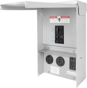 Outlet Panel with Breaker Temporary Power Outlet Panel RV Circuit Breaker Box with 20,30,50-Amp Receptacle Installed Weatherproof RV Power Outlet Box (50+30+20 amp)