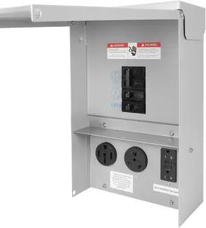 Power Outlet Panel RV Electrical Outlet Panel with Breaker Prewired Circuit Breaker Box with 20 30 50 Amp Receptacle Installed Power Outlet Box Weatherproof (50 amp+30 amp+GFCI 20 amp)