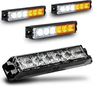 6W Amber White LED Surface Mount Police Grill Strobe Warning Lights [SAE Class 1] [Sync-able Modes] Yellow Clear Grille Flashing Emergency Fire Lights for Servcice Work Truck Vehicle
