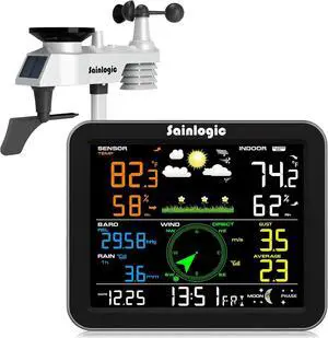 Weather Station Wireless Indoor Outdoor, Weather Station with Rain Gauge and Wind Speed/Direction, Temperature, Humidity, Air Pressure, Weather Forecast, Moon Phase, and Alarm, Black