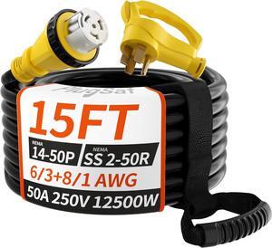 50 Amp Generator Cord, 15FT 50 Amp RV Extension Cord with Twist Lock, Generator Cord 50A 4 Prong Yellow, NEMA 14-50P/SS2-50R Heavy Duty 6/3+8/1 AWG STW Wire for RV Camper & Generator to House