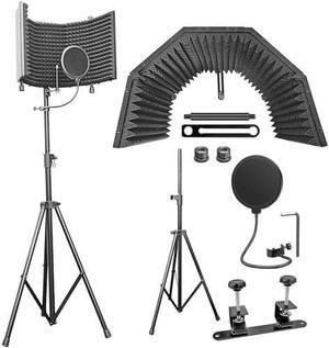 Large 32x13 Recording Studio Microphone Isolation Shield w/ 3 Tier Tripod Stand and Pop Filter | Portable Sound Isolation Booth | Reflection Filter Shield | Studio Microphone Stand