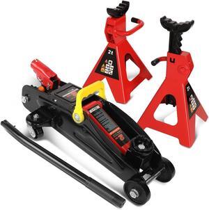 2 Ton (4000 lbs) Capacity Floor Jack Low Profile Garage Hydraulic Trolley Service Lift Floor Jack Combo with Ratchet Jack Stands for SUV, Car and Truck, Red/Black