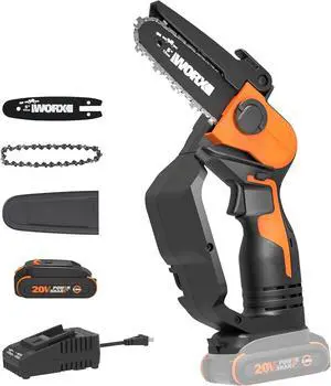 20V 5" Mini Cordless Chainsaw, 3.9 lbs, 22 ft/s Chain Speed, Power Share Battery, Upper & Hand Guard WG324 - Battery & Charger Included