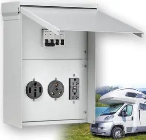 RV Electrical Outlet Panel, Temporary Power Outlet Panel, with 20, 30, 50 Amp Receptacle Installed, Prewired, Weatherproof Breaker Box for RV Hookup Camper Travel Trailer Motorhome