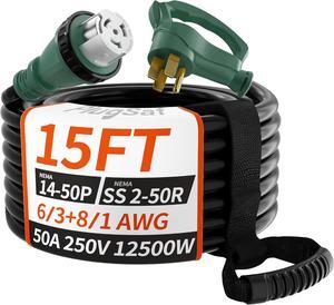 50 Amp Generator Cord, 15FT 50 Amp RV Extension Cord with Twist Lock, Generator Cord 50A 4 Prong Green, NEMA 14-50P/SS2-50R Heavy Duty 6/3+8/1 AWG STW Wire for RV Camper & Generator to House