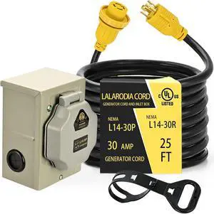 30 Amp 25 FT Generator Cord and Power Inlet Box (Pre-Drilled) Waterproof Kit, Nema L14 30p Generator Extension Cord with L14-30P to L14-30R Twist Lock Cord Plug for Outdoor Use,125/250 Volts