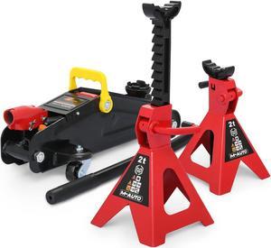 Hydraulic Trolley Floor Jack Combo with 2 Jack Stands, 2 Ton (4000 lb) Capacity, Steel Car Jacks Adjustable Height 10 3/4" to 16 3/4", Car Lift Auto Repair Tools, Red (Set of 3)