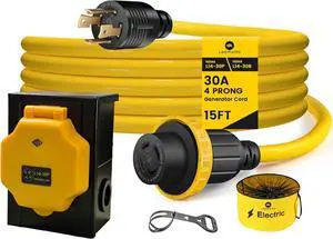 15FT 30 Amp Generator Power Cord and Power Inlet Box Waterproof Combo Kit, Heavey Dury NEMA L14-30P to L14-30R,125/250V 7500W 10 Gauge SJTW Generator Cord, Twist Lock Connector