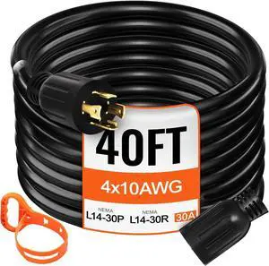 40 FT 30 Amp Generator Extension Cord SJTW 10 Gauge 4 Prong, NEMA L14-30P 125/250V 7500W Heavy Duty Generator Power Cord with Twist Lock Connectors