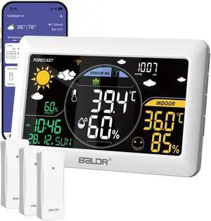 WiFi Weather Station with 3 Wireless Sensors, APP Smart Control Thermometer with Real Time Internet Forecast and Large Color VA Display(White)