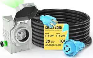 4 Prong 10 Feet 30 Amp Generator Extension Cord and Inlet Box with Locking Connector, Heavy Duty NEMA L14-30P/L14-30R, 125/250V 7500W 10 Gauge SJTW Generator to House Power Cord