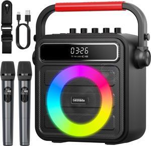 Machine for Adults & Kids, w/ 2 Wireless Microphones & Bass/Treble Adjustable Portable Bluetooth Speaker PA System w/RGB LED Lights SYNC Melody, Ideal for Gatherings Courtyard Outdoor & Gift