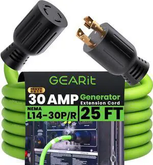 30-Amp Generator Extension Cord (25 Feet) 4-Prong 120/250-Volt 7500W, NEMA L14-30P/L L14-30R, 10 Gauge SJTW Locking Power Cord for Manual Transfer Switch, Portable Generators, Power Outage 25ft