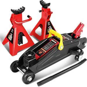TOOLS-00280 Low Profile Hydraulic Trolley Service/Floor Jack Combo with 2 Ratchet Jack Stands, 2 Ton (4000 lbs) Capacity