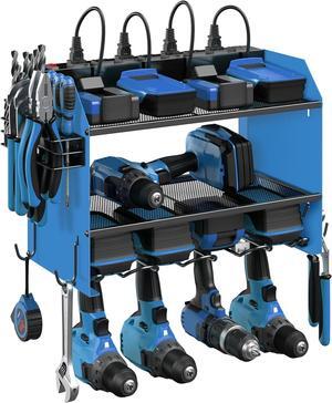 Power Tool Organizer Wall Mount with Charging Station. Garage 4 Drill Storage Shelf with Hooks, Screwdriver, Drill Bit Heavy Duty Rack, Tool Battery Holder Built in 8 Outlet Power Strip.