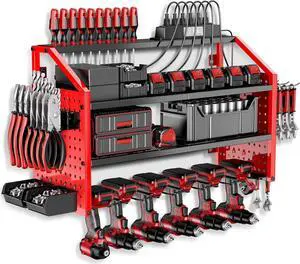Power Tool Organizer Wall Mount with Charging Station. Patented, Heavy Duty Steel, Garage 6 Drill Storage Shelf, 8 Hooks,2 Screw Boxes,6 Outlets Power Strip, Easy Install Power Tool Storage Rack.