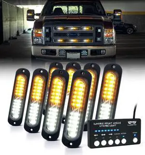 White Amber LED Surface Mount Strobe Flashing Lights Kit w/Controller 8PCS Grille Side Marker Emergency Warning Caution Light Assemblies for Construction Vehicles Trucks, Traffic| Sync Feature
