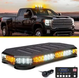 42 LED Roof Top Strobe Beacon Light Bar Hazard Warning Emergency Flashing Plow Lights with Controller for Construction Vehicles Tow Trucks Postal Cars Snowplow Amber White (Patent Design)