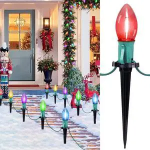 C9 Christmas Lights Outdoor, 2 Packs Total 51.4 Ft Christmas Pathway Lights with 40 LED Bulbs and Stakes, Connectable Outdoor Christmas Decorations Yard Walkway Sidewalk Holiday, Multicolor