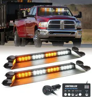 LED Emergency Dash Strobe Lights Bar w/Controller Windshield Visor Safety Warning Traffic Caution Lightbar Deck Split Flashing Light for Construction Vehicles Work Trucks Pickup - White Amber