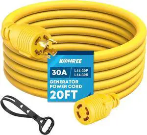 L14-30 Generator Cord 30 Amp 4 Prong 20FT, Heavy Duty Generator Power Locking Cord for Manual Transfer Switch, Electric Extension Wire 10 Gauge 125/250V, 7500W with Cord Organizer