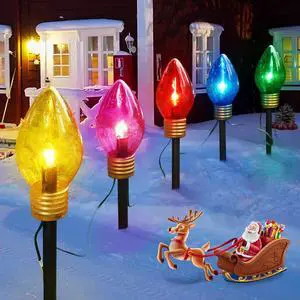 2 Pack Christmas Lights Jumbo C9 Outdoor Lawn Decorations with Pathway Marker Stakes, 8.5Ft C7 Lights Covered Jumbo Glitter Multicolor Bulb for Holiday Outside Yard Garden Decor, 10 Lights