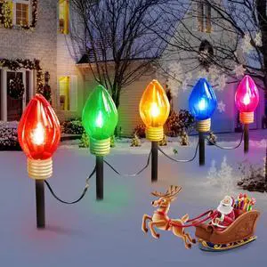 C9 Christmas Pathway Lights Outdoor - 2 Pack Total 17 Feet 10 LED C9 Walkway Lights, Multicolor Jumbo Lights Christmas Bulb Lights Outdoor Decorations for Lawn Holiday Outside Yard Garden