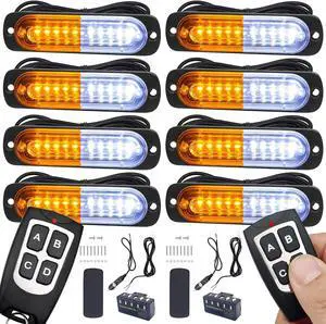 E Led Strobe Lights for Trucks Vehicles Suvs, 12-24 8pcs Emergency Warning Caution Hazard Construction Ultra Slim Sync Car with Control Box Surface Mount (White Amber)
