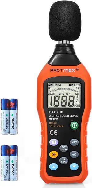 PT6708 Sound Level Meter, Digital Decibel Reader Measurement, Range 30-130 dB, Accuracy 1.5dB Noise Meter with Large LCD Screen Display, Fast and Slow Selection (Batteries Include)
