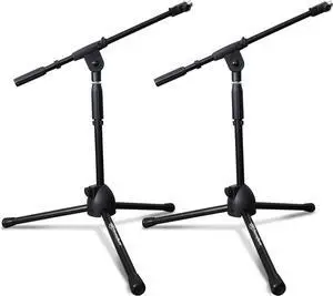 Low-Profile Microphone Tripod Stand with Boom Arm | Adjustable Height Short Floor Mic Stand with Boom | Kick Drum Mike Stands |Guitar Amp Stands (2-Pack)