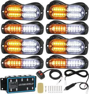 8pcs Ultra Slim Sync Feature Car Truck Surface Mount Emergency Hazard Warning Strobe light with Strobe Controller and Wiring Harness (Amber & White)